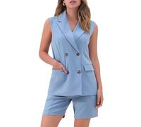 Allegra K Damen 2-teiliges Sommer-Outfit Zweireihig Ärmellos Blazer Weste Shorts-Sets Grau Blau XS