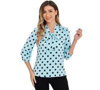 Allegra K Damen 3/4 Ärmel Schluppenbluse Schleife Retro Oberteil Polka Dots Rüschen Elegant Top Blau Schwarz S