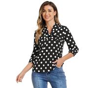 Allegra K Damen 3/4 Ärmel Schluppenbluse Schleife Retro Oberteil Polka Dots Rüschen Elegant Top Schwarz Weiß XS