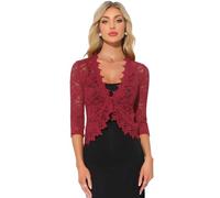 Allegra K Damen 3/4-Ärmeln Blumen Strickjacke Elegant Häkeljacke Festlich Spitze Bolero Lace Jacke Dunkelrot M