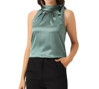 Allegra K Damen Ärmellos Satin Top Elegant Rüschen Stehkragen Bluse Schleife Oberteil Dunkel Grün XL