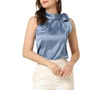 Allegra K Damen Ärmellos Satin Top Elegant Rüschen Stehkragen Bluse Schleife Oberteil Grau Blau XL
