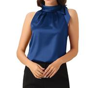 Allegra K Damen Ärmellos Satin Top Elegant Rüschen Stehkragen Bluse Schleife Oberteil Navy blau M