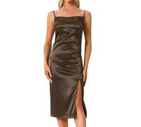 Allegra K Damen Ärmelloses Satin-Kleid mit Spaghettiträgern Rüschen Schmales Kleid Geteilt Seidig Cocktailpartys Midikleider Kaffee M