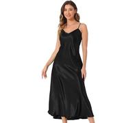 Allegra K Damen Ärmelloses Satinkleid V-Ausschnitt Spaghettiträger Abendparty Seidiges Maxikleid Schwarz XL