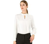 Allegra K Damen Arbeit Büro Hemd Schlüsselloch Elegant Stehkragen Langarm Chiffon Blusen - Weiß - Groß