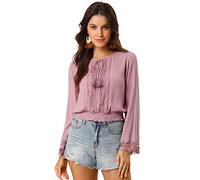 Allegra K Damen Bauern-Top Glockenärmel gesmokte Taille Boho Bluse, rosa - dusty pink, X-Klein