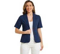 Allegra K Damen Baumwoll Leinen Blazer Büro Business Kurzärm Gekerbtes Revers Blazerjacke Dunkelblau XL