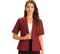 Allegra K Damen Baumwoll Leinen Blazer Büro Business Kurzärm Gekerbtes Revers Blazerjacke Dunkelrot XS
