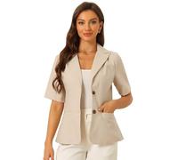 Allegra K Damen Baumwoll Leinen Blazer Büro Business Kurzärm Gekerbtes Revers Blazerjacke Khaki XL