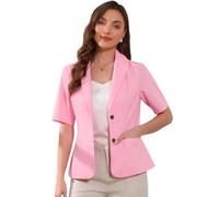 Allegra K Damen Baumwoll Leinen Blazer Büro Business Kurzärm Gekerbtes Revers Blazerjacke Rosa XL