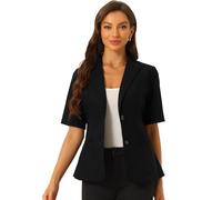 Allegra K Damen Baumwoll Leinen Blazer Büro Business Kurzärm Gekerbtes Revers Blazerjacke Schwarz L