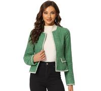 Allegra K Damen-Blazer, kariert, Tweed, Lange Ärmel, offene Vorderseite, Arbeit, Büro, Kurze Jacke, Grün, XS