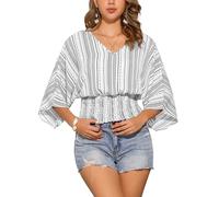 Allegra K Damen Bluse Sommer 3/4-Ärmel V-Ausschnitt Boho-Print Chiffon Gesmoktes Taillen Oberteil Dolman Blusen Weiß schwarz XL