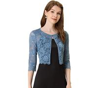 Allegra K Damen Brautjacke Bolero Festlich Kurz 3/4 Ärmel Durchsichtig Blumen Spitze Shrug Crop Cardigan Spitzebolero Grau Blau S