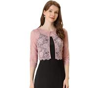 Allegra K Damen Brautjacke Bolero Festlich Kurz 3/4 Ärmel Durchsichtig Blumen Spitze Shrug Crop Cardigan Spitzebolero Grau Rosa L