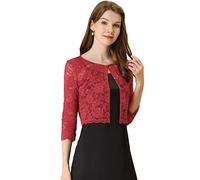 Allegra K Damen Brautjacke Bolero Festlich Kurz 3/4 Ärmel Durchsichtig Blumen Spitze Shrug Crop Cardigan Spitzebolero Rot M