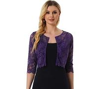 Allegra K Damen Brautjacke Bolero Festlich Kurz 3/4 Ärmel Durchsichtig Blumen Spitze Shrug Crop Cardigan Spitzebolero Lila XS