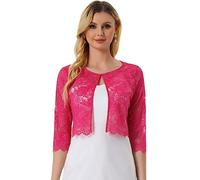 Allegra K Damen Brautjacke Bolero Festlich Kurz 3/4 Ärmel Durchsichtig Blumen Spitze Shrug Crop Cardigan Spitzebolero Rosenrot XS