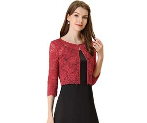 Allegra K Damen Brautjacke Bolero Festlich Kurz 3/4 Ärmel Durchsichtig Blumen Spitze Shrug Crop Cardigan Spitzebolero Rot S