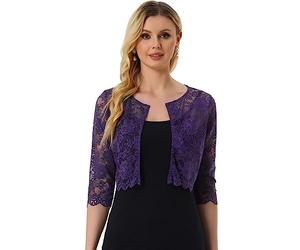 Allegra K Damen Brautjacke Bolero Festlich Kurz 3/4 Ärmel Durchsichtig Blumen Spitze Shrug Crop Cardigan Spitzebolero Lila XS