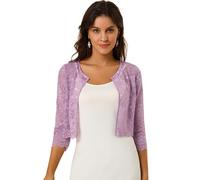 Allegra K Damen Brautjacke Spitzen Bolero Festlich Kurz 3/4 Ärmel Durchsichtig Blumen Spitze Shrug Crop Cardigan Boleros Violett L