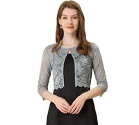 Allegra K Damen Brautjacke Spitzen Bolero Festlich Kurz 3/4 Ärmel Durchsichtig Blumen Spitze Shrug Crop Cardigan Boleros Grau XS