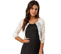 Allegra K Damen Brautjacke Spitzen Bolero Festlich Kurz 3/4 Ärmel Durchsichtig Blumen Spitze Shrug Crop Cardigan Boleros Weiß M
