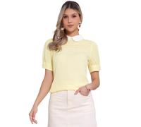 Allegra K Damen Bubikragen Kontrast Puffärmel Kurzarm Casual Elegant Bluse Top Gelb M