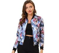 Allegra K Damen Bunt Blouson Frühling Sommer Bomberjacke Blumenmuster Reißverschluss Jacket Blau L