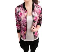 Allegra K Damen Bunt Blouson Frühling Sommer Bomberjacke Blumenmuster Reißverschluss Jacket Fuchsie S