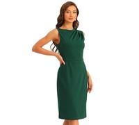 Allegra K Damen Business Casual Kleid Rundhals Plissierte Vorderseite Ärmelloses Knielanges Etuikleid Dunkelgrün XS