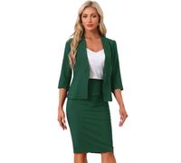 Allegra K Damen Business Rock Anzug Set 2-Teiliges Büro Arbeits Outfit Kragenloser Blazer Bleistiftrock Dunkelgrün S