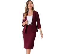 Allegra K Damen Business Rock Anzug Set 2-Teiliges Büro Arbeits Outfit Kragenloser Blazer Bleistiftrock Dunkelrot XS