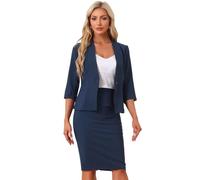 Allegra K Damen Business Rock Anzug Set 2-Teiliges Büro Arbeits Outfit Kragenloser Blazer Bleistiftrock Navy blau XXL
