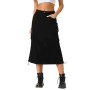 Allegra K Damen Cargo Rock Y2K Verstellbar Lässig A-Linie Midi Jeansrock Schwarz XL