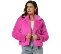 Allegra K Damen Cropped Jacke Fallendem Revers Kunstpelz Flauschiger Mantel Heiß Rosa XS