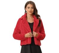 Allegra K Damen Cropped Jacke Fallendem Revers Kunstpelz Flauschiger Mantel Rot S