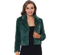 Allegra K Damen Cropped Jacke Revers Kunstpelz Flauschiger Mantel, dunkelgrün, L