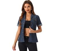 Allegra K Damen-Denim-Top, Knopfleiste, gekerbter Kragen, kurze Ärmel, Westerntasche, klassisches Jeanshemd, Tiefes Blau, Klein