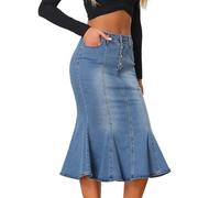 Allegra K Damen Denimrock Fischschwanz Rock Distressed Jeansrock Langer Rock Hell Blau L
