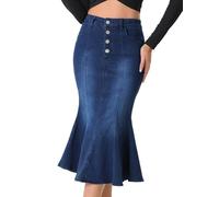 Allegra K Damen Denimrock Fischschwanz Rock Distressed Jeansrock Langer Rock Schwarz Blau S