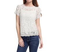Allegra K Damen Dirndlbluse Mesh Oberteil Kurzarm Durchsichtig Rundhals Rüschen Blumen Spitze Bluse Shirt Weiß L