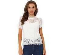 Allegra K Damen Dirndlbluse Mesh Oberteil Kurzarm Durchsichtig Rundhals Rüschen Blumen Spitze Bluse Shirt Weiß XL