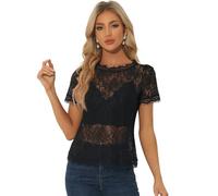 Allegra K Damen Dirndlbluse Mesh Oberteil Kurzarm Durchsichtig Rundhals Rüschen Blumen Spitze Bluse Shirt Schwarze Spitze S