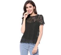 Allegra K Damen Dirndlbluse Mesh Oberteil Kurzarm Durchsichtig Rundhals Rüschen Blumen Spitze Bluse Shirt Schwarz XL
