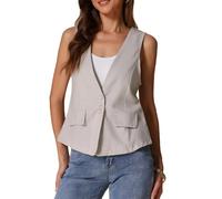 Allegra K Damen Elegant Anzugweste Locker Ärmellos Blazer Leinen Leichte Jacke Business Weste Beige Grau L