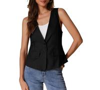 Allegra K Damen Elegant Anzugweste Locker Ärmellos Blazer Leinen Leichte Jacke Business Weste Schwarz L