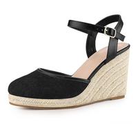 Allegra K Damen-Espadrille-Sandalen mit geschlossener Zehenpartie, Spitze und Keilabsatz Schwarz 37