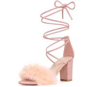 Allegra K Damen Faux Fur Lace Up Strappy Chunky Heels Sandalen Rosa 40